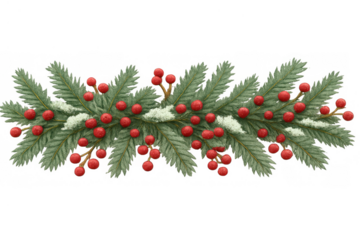 Christmas winter garland decoration with frosted fir branches, red berries, and snow creating a festive holiday border