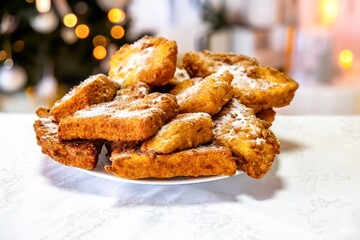 Golden Fried Christmas Dessert with Powdered Sugar, know as rabanadas de Natal