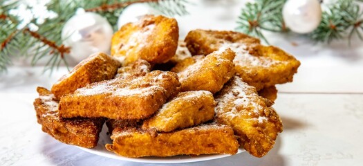 Golden Fried Christmas Dessert with Powdered Sugar, know as rabanadas de Natal