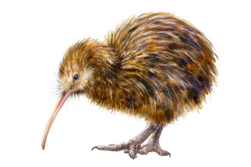 Brown kiwi standing hand drawn watercolor bird art