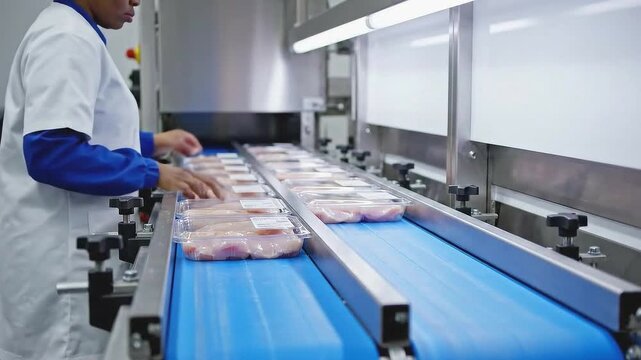 Worker in food processing facility carefully packaging chicken on conveyor belt, showcasing efficient workflow and attention to detail