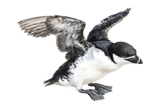 Jumping Razorbill Hand Drawn Watercolor Bird Painting