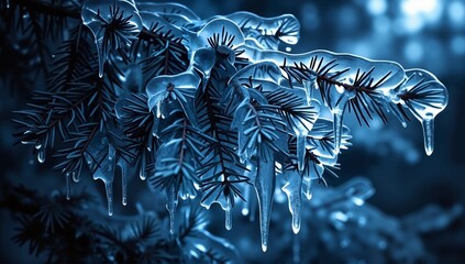 Pine needles sealed inside dripping clear icicles
