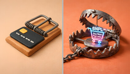 a classic rat trap baited with a shiny credit card and a heavy bear trap glowing with a friendly &ldquo;BNPL &ndash; Buy Now Pay Later&rdquo; icon.