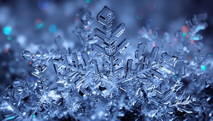 Sharp ice snowflake sparkling in soft bokeh