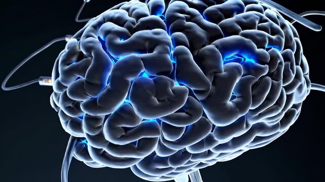 human brain glowing with electric blue connections, symbolizing neural activity and cognitive processes in high-tech environment. Neon blue patterns pulse through human brain, neural signals.
