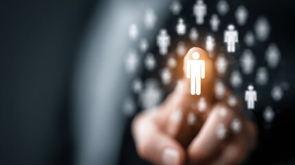 CRM concept illustrating customer relationship management and marketing strategies with a businessman interacting with virtual icons representing network structure