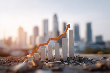 A graph with an arrow pointing upwards is on a pile of rocks