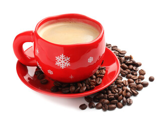 Aromatic coffee in cup and beans isolated on white