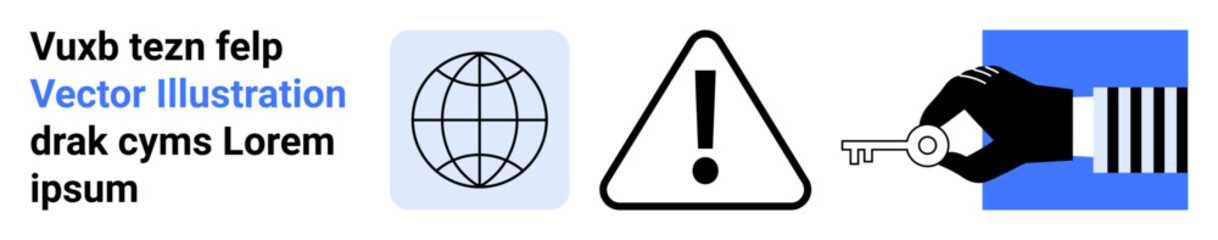 Cybersecurity, data privacy, online protection, global security, risk management, digital access. Globe, exclamation mark and hand holding a key. Cybersecurity and data privacy concept