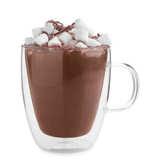 Hot cocoa with marshmallows and chocolate shavings in cup isolated on white