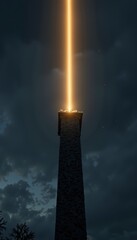 Illuminated Stone Tower with Glowing Beam Reaching Skyward Against a Dramatic Cloudy Nighttime Backdrop, Emphasizing the Mystical Atmosphere and Mysterious Light Source