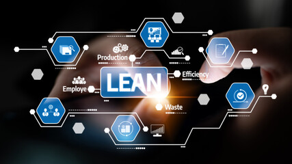 Naklejka premium This image represents the concept of lean management with digital icons focusing on efficiency, waste reduction, and employee engagement in business processes. Tessel