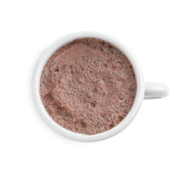Tasty hot cocoa in cup isolated on white, top view
