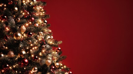 Festive Christmas Tree With Warm Lights and Red Ornaments Against Rich Red Backdrop, Perfect For Holiday Promotions, Family Moments, And Seasonal Decor