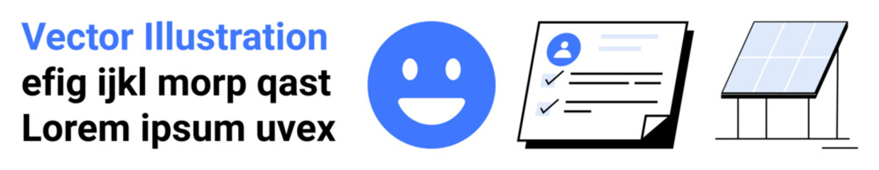 Renewable energy, identity verification, digital documents, solar power, checklist management, and positive emotion. Blue happy face, document icon and solar panel graphic. Renewable energy