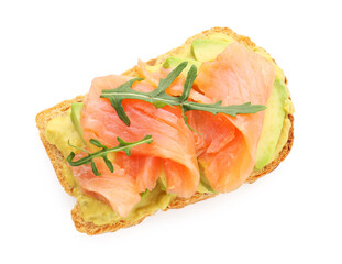 Tasty bruschetta with salmon, arugula and avocado isolated on white, top view