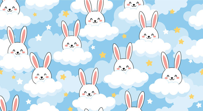A seamless pattern featuring rabbits in clouds.