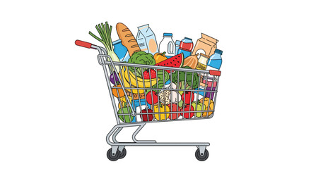 A shopping cart filled with groceries.