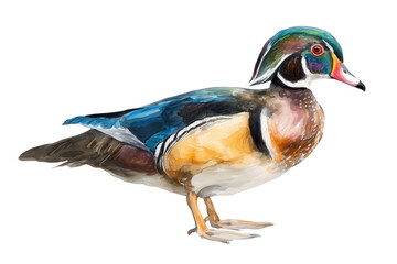 Colorful Wood Duck drake in a soft hand drawn watercolor bird style
