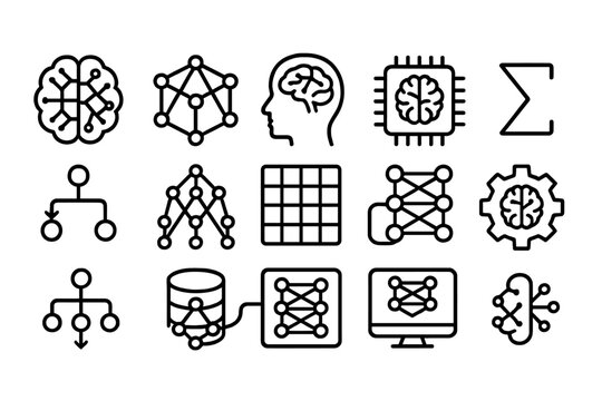 Technology and ai linear icon set. featuring brain, network, algorithm, neural, database, and chip symbols