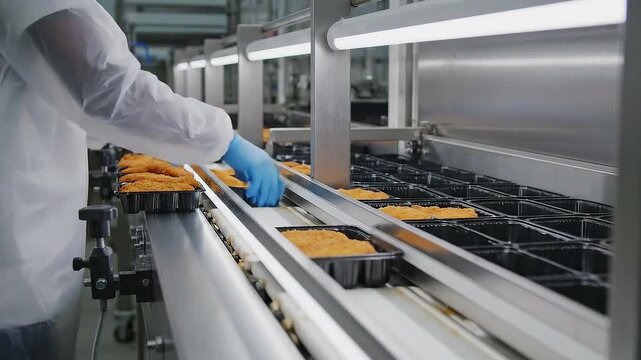 Worker in food processing facility carefully places fried items into trays, showcasing precision and efficiency, camera follows action closely