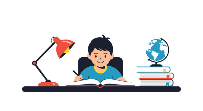 Young student studying at a desk with books and a globe, focused on school. - Powered by Adobe