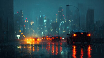 Rain falls in a futuristic city filled with lights, vehicles, and people during a nighttime scene