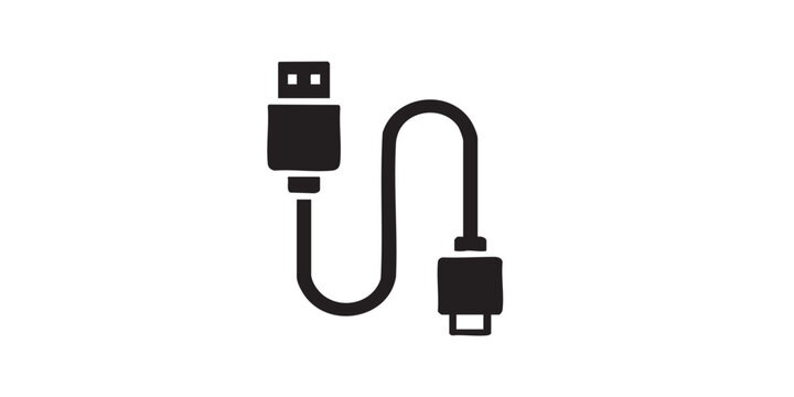 USB regular cord with adapter to mini thin line icon, tech concept. Vector graphics. Regular wire sign on white background, style icon mobile or web design