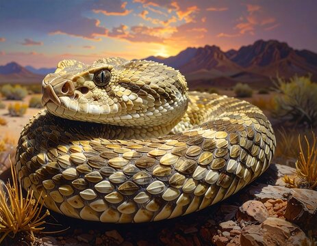 Diamondback Rattlesnake Coiled in the Desert at Sunset Serene Yet Deadly Encounter