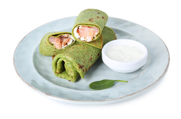 Tasty spinach crepes with salmon, cream cheese and sour cream isolated on white