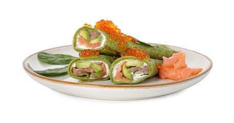 Tasty spinach crepes with salmon, avocado, cream cheese and red caviar isolated on white