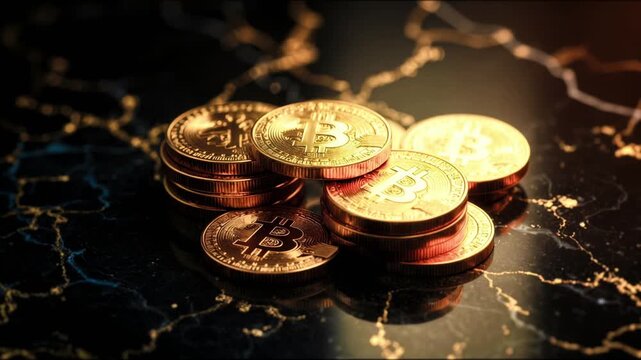 Golden Bitcoin Coins Rotating on Luxurious Dark Marble Surface