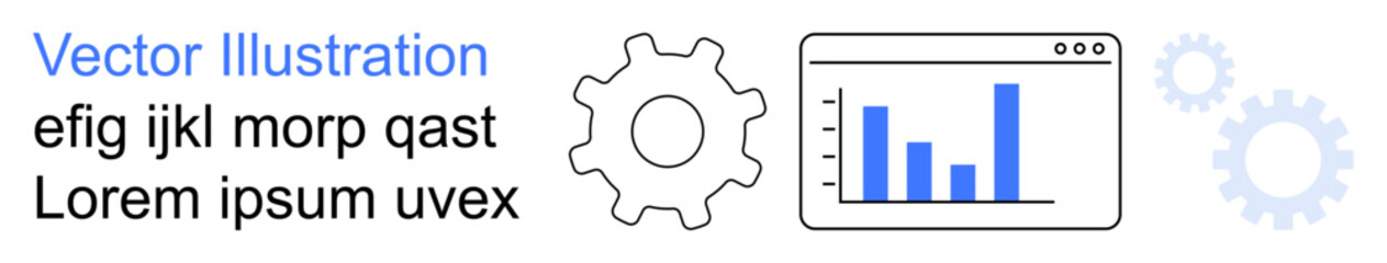Business analytics, web development, technology solutions, process automation, digital tools, data management. Gear and chart elements. Business analytics and web development ideas