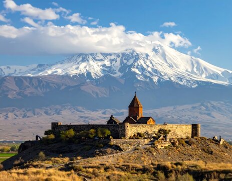 Armenian Khor Virap Monastery with Mount Ararat in the backdrop on a sunny day