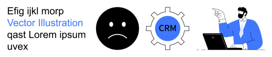 Business processes, workflow management, CRM, customer service, problem-solving, and decision-making. Sad face, gear with CRM label person with laptop. Business processes and workflow management