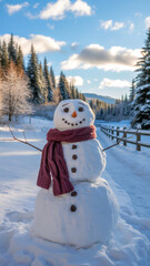 Obraz premium Cheerful snowman wearing a knitted scarf stands on a snowy path surrounded by winter forest scenery