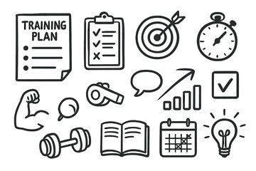 Fitness and productivity linear icon set. training, checklist, target, stopwatch, dumbbell, idea