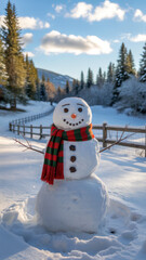 Obraz premium Cheerful snowman wearing a striped scarf stands in bright winter sun near a snowy wooden fence