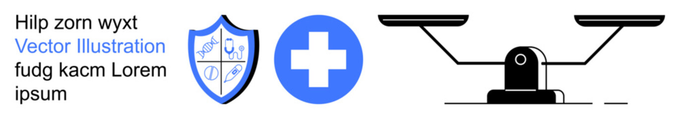 Security, healthcare, justice, law, balance, protection. Graphic of a shield with icons, cross in a blue circle and balance scale. Security and healthcare safety and wellness