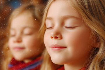 Obraz premium Peaceful close up of a young child with eyes closed in warm golden light, wearing a winter scarf, concept of mindfulness, calm emotions, wellbeing, and gentle childhood.
