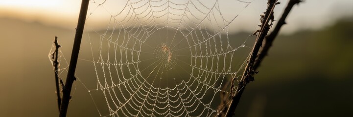 Dew-covered spider web on thorny branches at sunrise