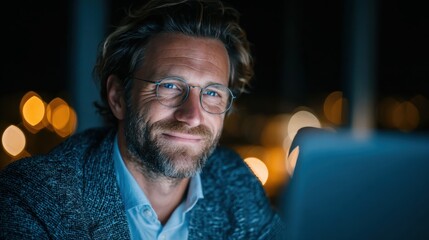 Late night work session in private office with businessman using laptop and smiling at camera for data protection security concept
