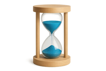 Hourglass with blue sand flowing, symbolizing passing time, deadlines, and urgency, isolated on a transparent background