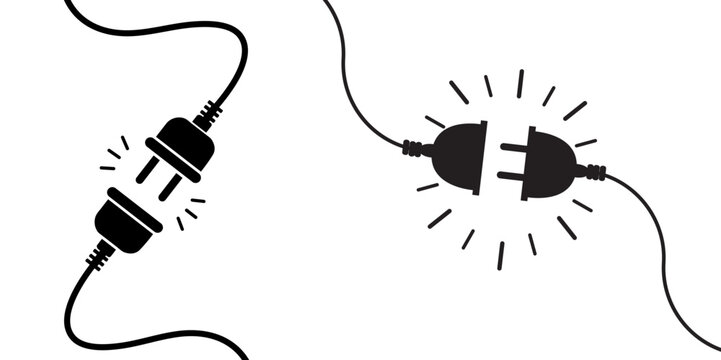 Connection Lost or 404 Error Concept, Disconnected Electric Plugs with Sparks Vector Illustration