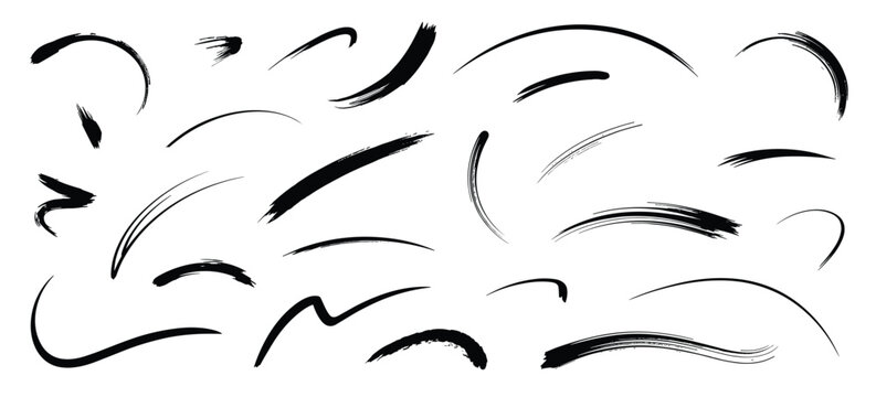 Collection of Black Ink Brush Strokes and Swirls on White Background abstract artistic