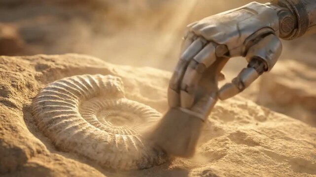 Cinematic 4K 3D Animation: Robotic Hand Dusting Off Ancient Ammonite Fossil in Desert Sand During Archaeological Excavation.