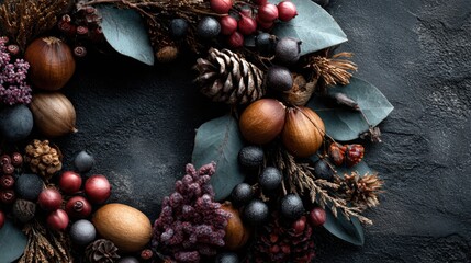 Fototapeta premium Christmas round frame made of natural elements on dark blackboard surface with a focus on a wreath made of winter plants and decorations during winter season