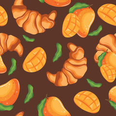 seamless pattern with baked croissants and ripe mangoes denoting the taste of pastries on a brown background, for menus and various food designs