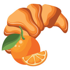 set of icons of pastries and fruits, namely a croissant with an orange next to it, for menus and various food designs
